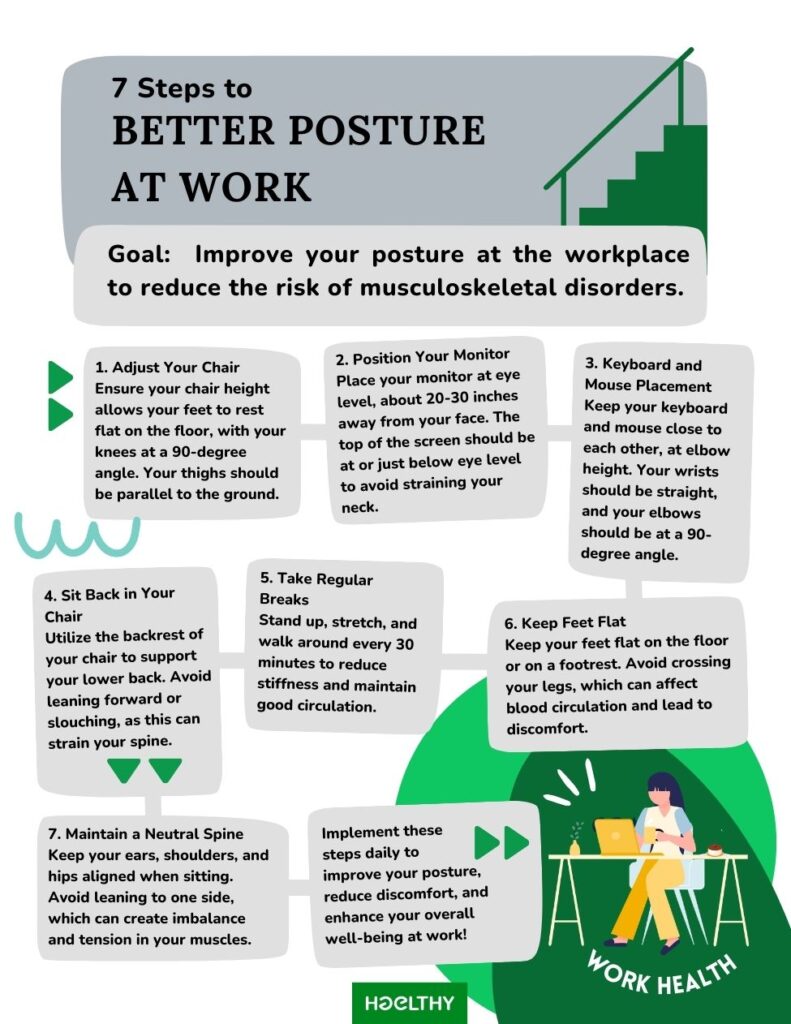 In today’s modern workplace, spending long hours at a desk has become the norm. Unfortunately, this can lead to musculoskeletal disorders, discomfort, and fatigue. However, by adopting a few simple habits, you can significantly improve your posture and overall well-being. Here are seven essential steps to achieving better posture at work, all aimed at reducing strain on your body and increasing comfort during your workday.